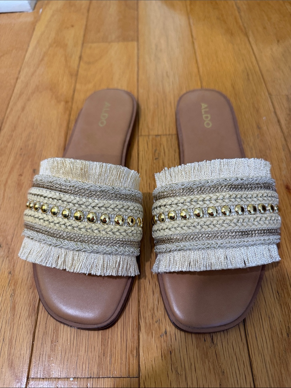 Aldo Cream Fringe Slide Sandals with Gold Stud Trim